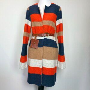 Max Studio navy, orange, tan, grey stripe sweater coat